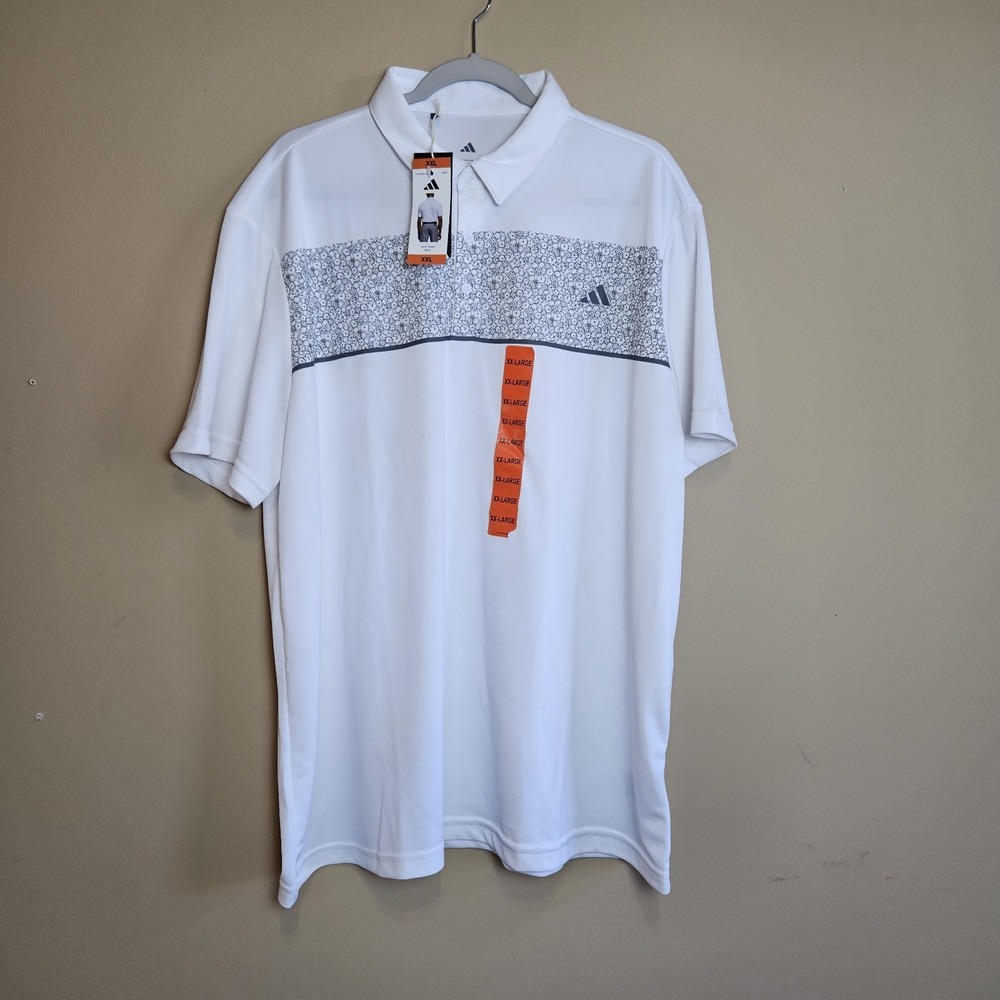 Adidas Golf Polo‎ Shirt Men's 2XL White Printed Stripe Short Sleeve...